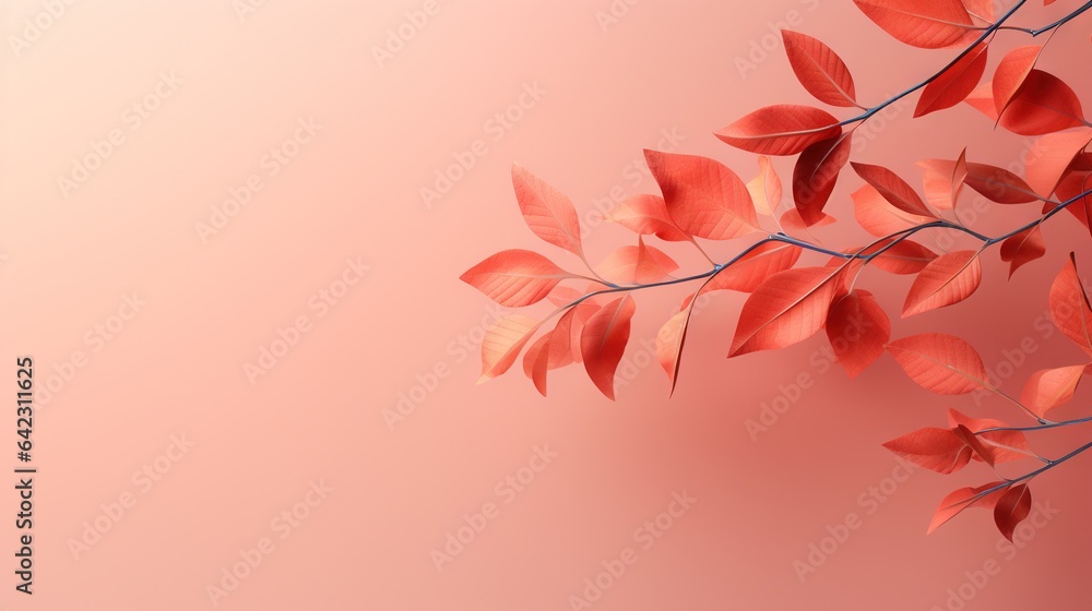 Poster a branch of a tree with red leaves on a pink background. generative ai
