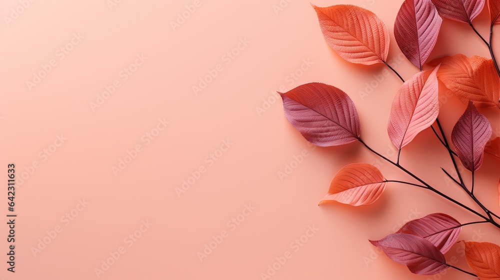 Poster a branch of a tree with red leaves on a pink background. generative ai