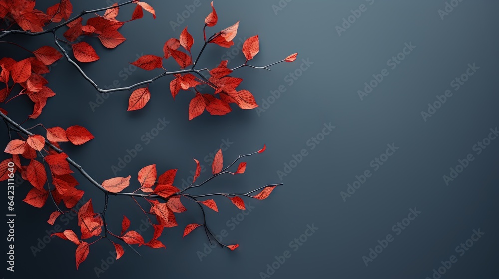 Poster a branch with red leaves on a dark background with a shadow. generative ai