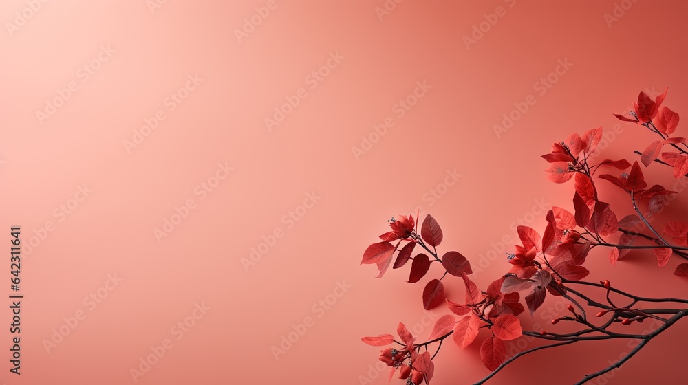Poster a branch with red leaves on a pink background with a red background. generative ai
