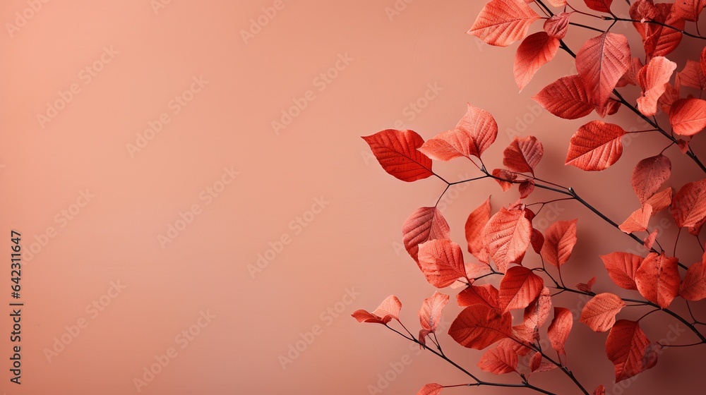 Poster a branch of a tree with red leaves on a pink background. generative ai