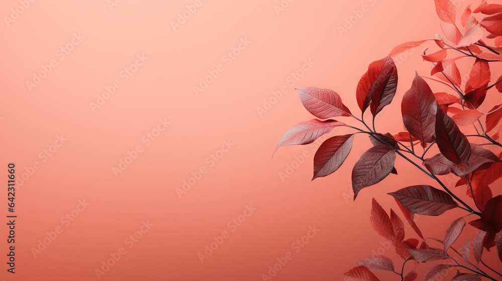 Poster a branch of a tree with red leaves on a pink background. generative ai