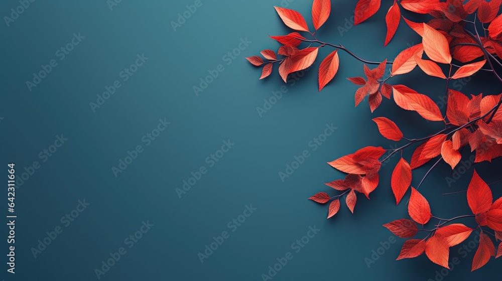 Poster a branch with red leaves on a blue background with space for text. generative ai