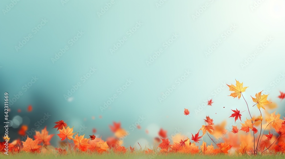 Poster a field of grass with a bunch of leaves on it. generative ai
