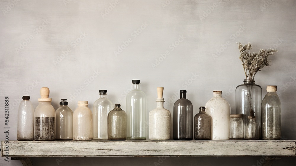 Poster a bunch of bottles are lined up on a shelf next to a plant. generative ai