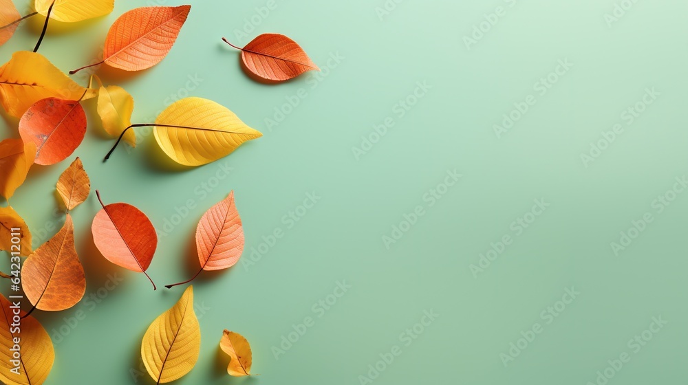 Poster a group of leaves on a green background with a place for text. generative ai