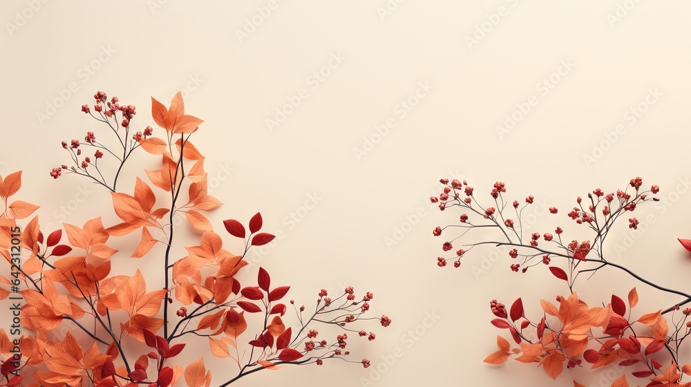 Poster two branches with red leaves on them against a white background. generative ai