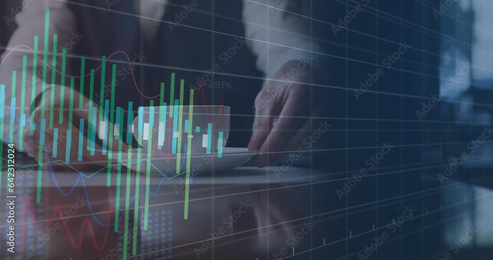 Poster animation of multiple graphs with changing numbers over midsection of man taking coffee cup