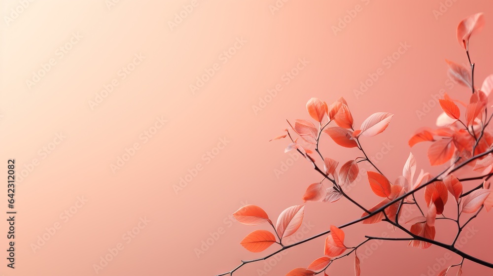 Poster a branch of a tree with red leaves on it against a pink background. generative ai