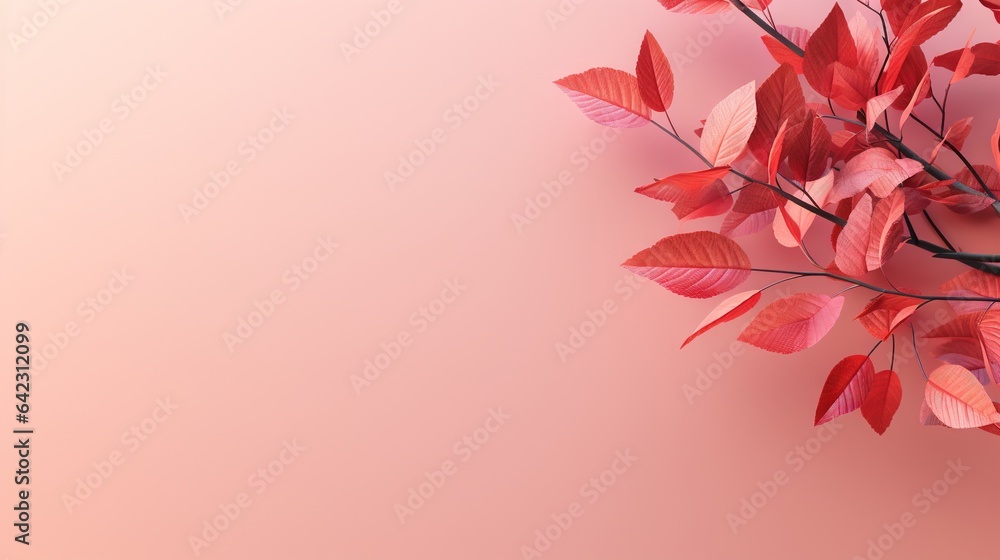 Poster a branch of a tree with red leaves on a pink background. generative ai