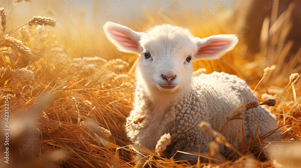 Poster a lamb is sitting in a field of grass and weeds. generative ai