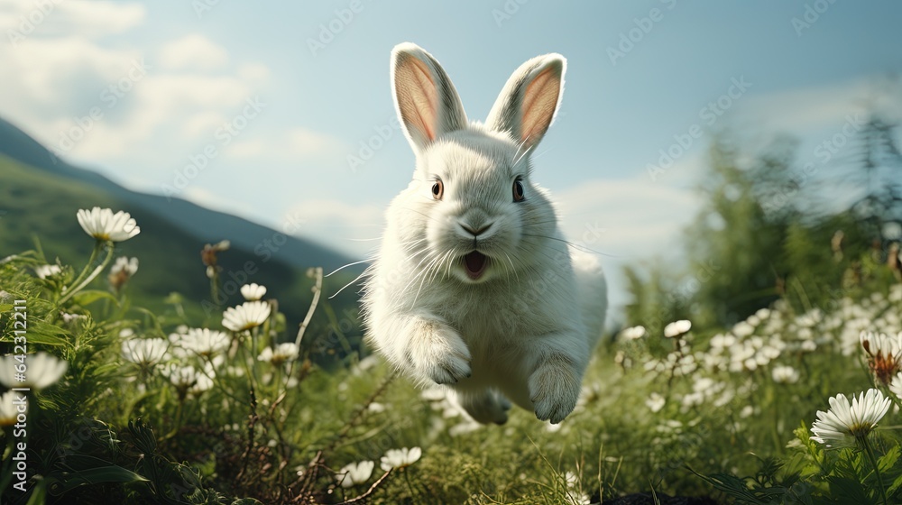 Poster a white rabbit is running through a field of daisies. generative ai