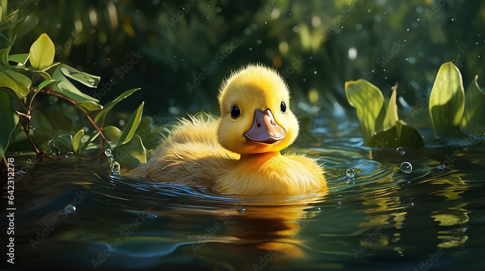 Poster a yellow duckling floating in a pond of water surrounded by greenery. generative ai