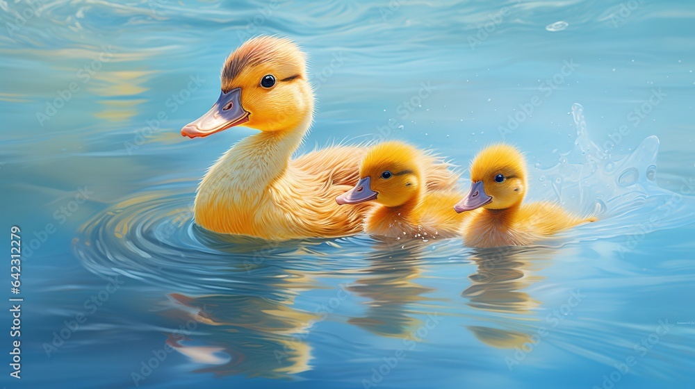 Poster a group of ducks floating on top of a body of water. generative ai