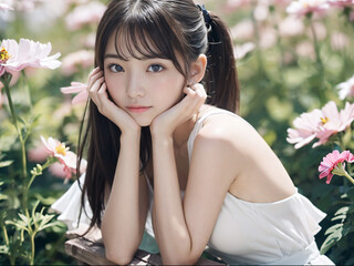 コスモスが咲く青空の野原でこちらを見つめる若い女性