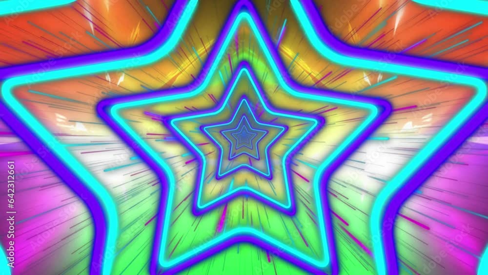 Poster animation of illuminated blue star shape moving in loop over long exposure of light trails