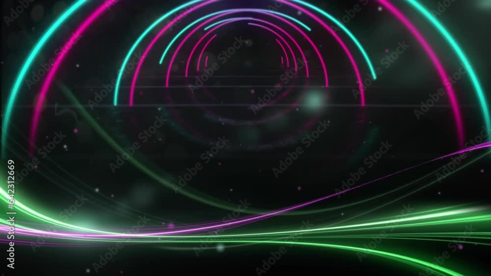 Poster animation of illuminated pink and blue curve tunnel and wave pattern in space