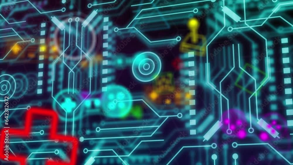 Aufkleber animation of consoles and various shapes over electronic circuit board patterns