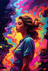 An illustration of a girl with splash colorful colors.
