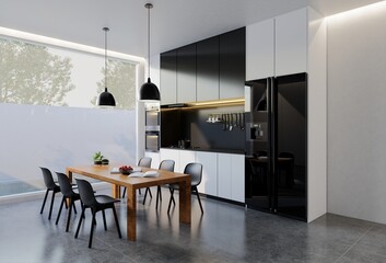 Minimal black and white kitchen with dining table. 3D illustration rendering