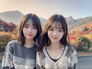 秋の紅葉と笑顔の二人の若い女性