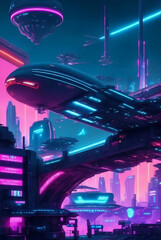 A futuristic cyber punk city with transportation system.