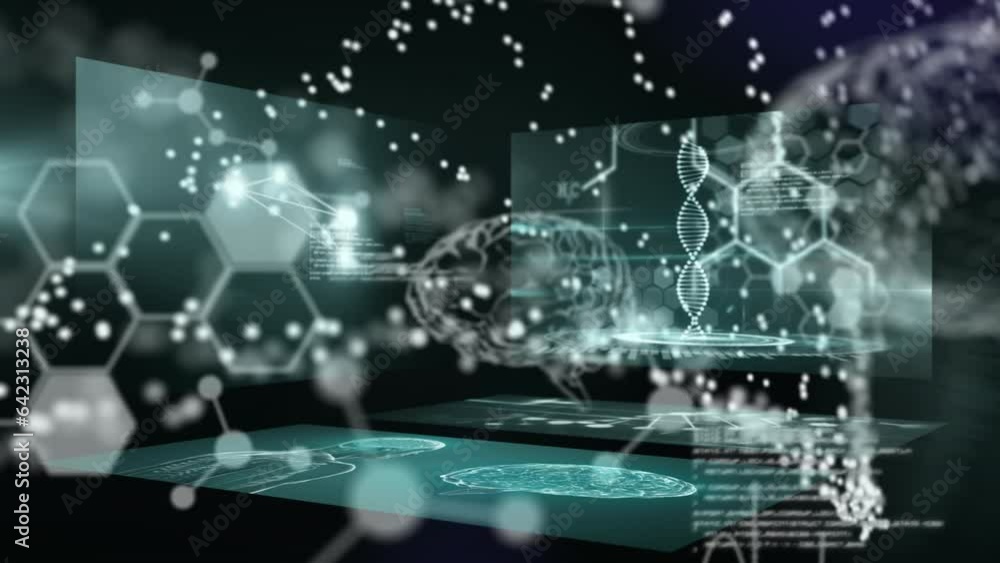 Poster animation of dna helix, computer language, molecule structures and human brain over black background