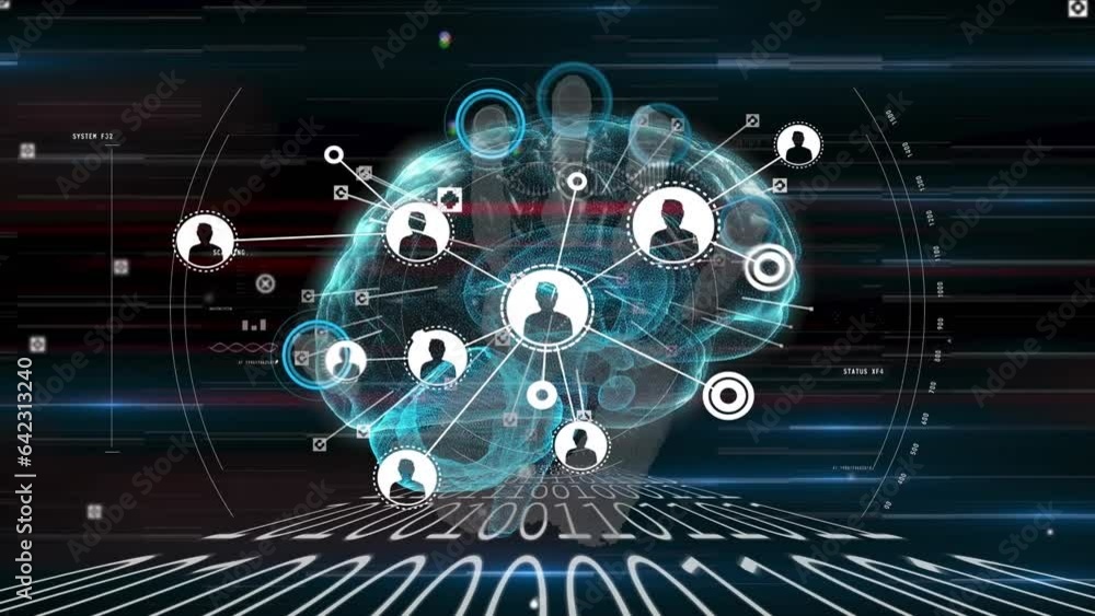 Poster animation of flowchart of icons over human brain and binary codes over black background