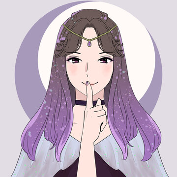 唇に人差し指を当てている占い師風の女性