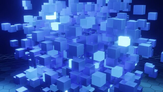 Many boxes represent the blockchain, coming together to form one big box connected to each other.