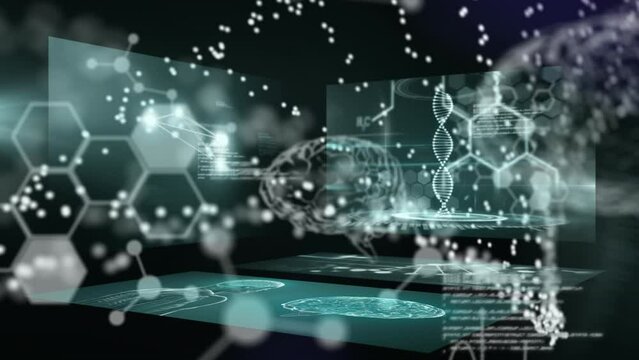 Animation of dna helix, computer language, molecule structures and human brain over black background