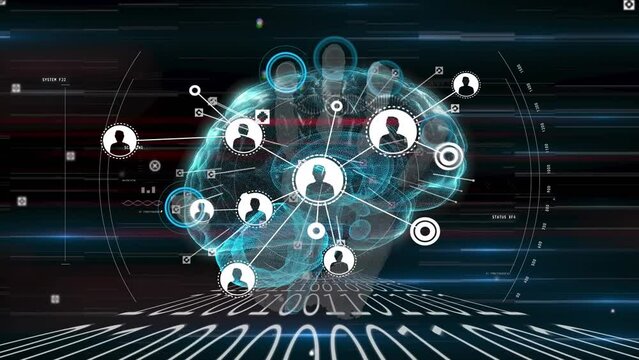 Animation of flowchart of icons over human brain and binary codes over black background