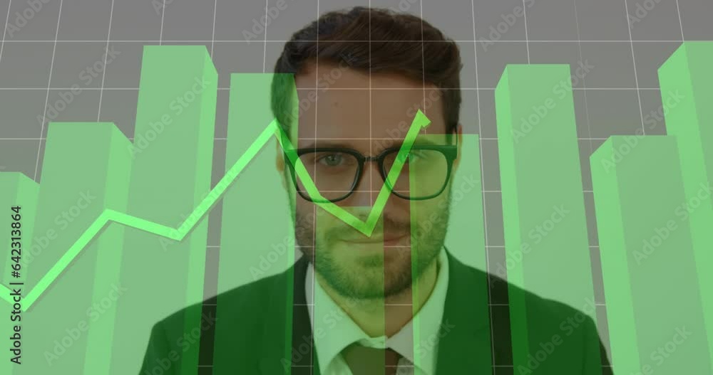 Poster animation of graphs and grid pattern over close up of smiling caucasian man against white background