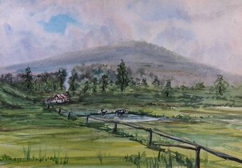 Meadow pasture with cow, pond, tree and small farm. Hand painted watercolor background