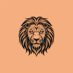Vector graphic portrait of an angry cartoon shaggy lion with a big mane on an orange background.