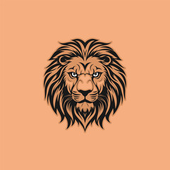 Vector graphic portrait of an angry cartoon shaggy lion with a big mane on an orange background.