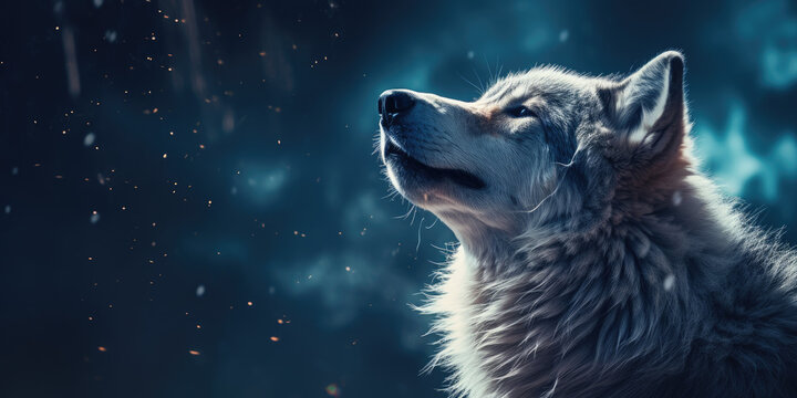 portrait of a wolf in the night howling at the moon
