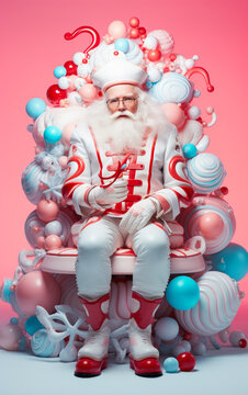Candyman Santa Clause surrounded by candy shaped ornaments. Sweet Christmas background. Ai generated image