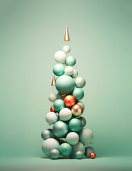 Christmas decoration bulbs forming tree shape. Pastel green celebration background. Ai generated image