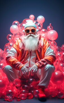 Santa Clause in hipster clothes surrounded by balloons. Modern Christmas background. Ai generated image