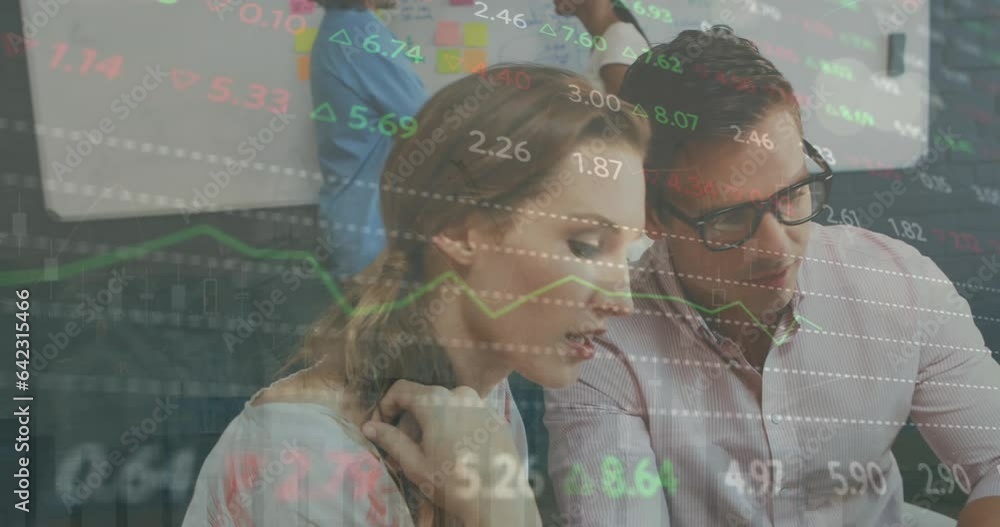 Poster animation of multiple graphs and trading board over caucasian coworkers discussing on desk