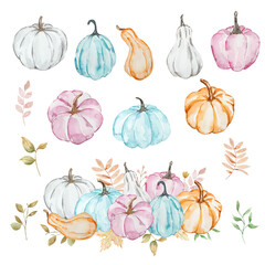 Autumn composition of watercolor pumpkins and flowers