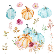 Autumn composition of watercolor pumpkins and flowers