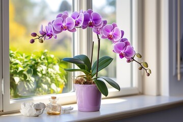 Purple orchid on a windowsill. Home plant care. High quality photo