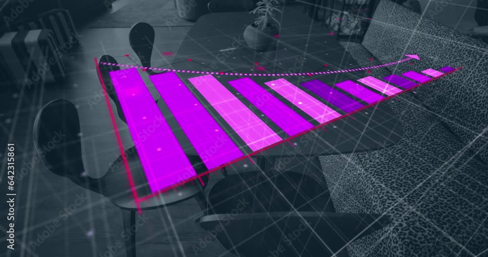 Poster animation of bar graph representing loss over empty chairs and sofa arranged by table in office