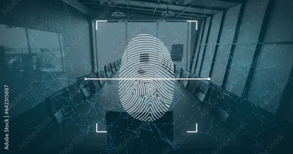 Poster animation of viewfinder and thumbprint with connected dots over empty conference room