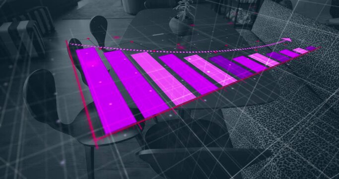 Animation of bar graph representing loss over empty chairs and sofa arranged by table in office