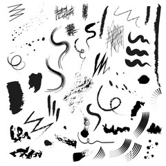 Set of various doodles, strokes, pencil scratches, brush strokes, spots. Scribble black strokes vector set. Hand drawn marker scribbles. Black pencil sketches, drawings. Scrawl elements