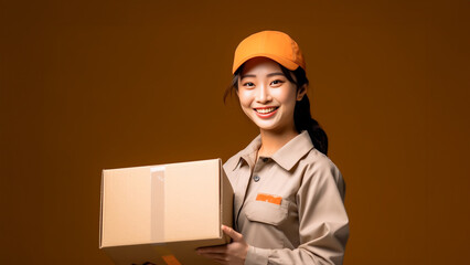Asian woman prepares a package for online shopping delivery, while a cheerful delivery woman in an orange uniform stands with a parcel post box. Generative AI.