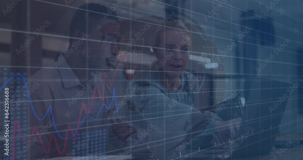 Poster animation of multiple graphs and diverse colleague discussing over laptop in office